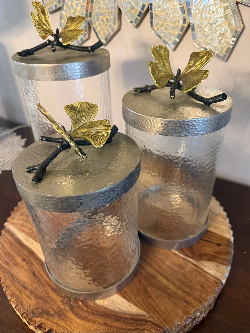 Michael Aram Glass Canister Set with Gold Ginkgo Leaf Lids - Home Accents